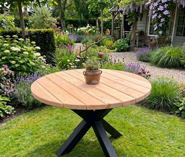 Ronde douglas tuintafel met stalen matrixpoot