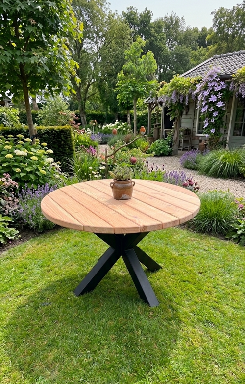 Ronde douglas tuintafel met stalen matrixpoot